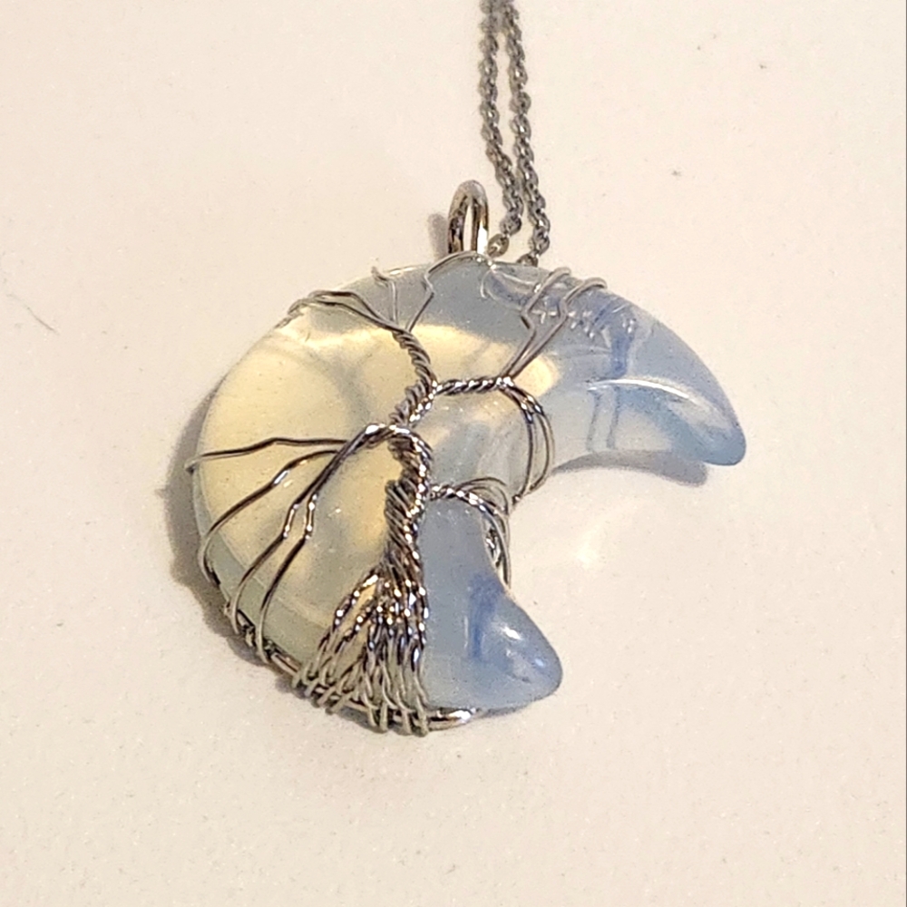 New Transparent Opal Moon Tree of Life Wire Wrap Necklace - Picture 6 of 6